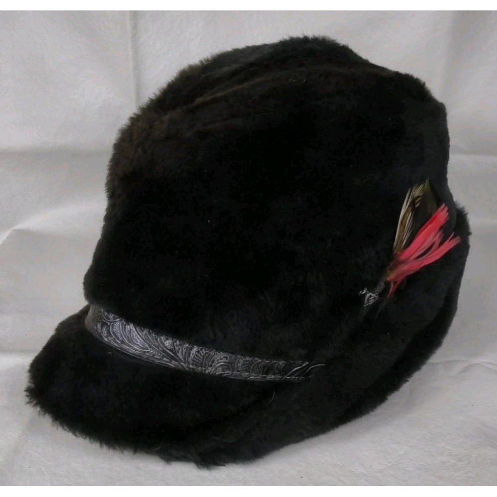 Vintage 60s 70s Black Faux Fur Alpine Fedora Hat Union Made Usa Large